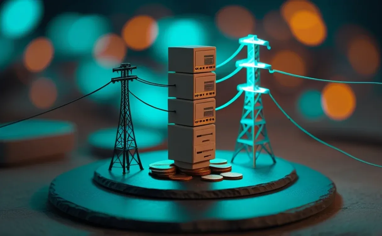 Miniatuur diorama-illustratie bij artikel 'AI groeit op miljardensteun en botst op stroomnet'