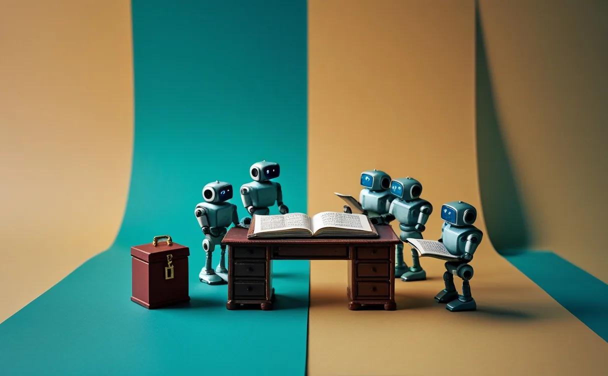 Miniatuur diorama-illustratie: kleine robots die één gedeeld notitieboek lezen, terwijl een afgesloten kluisje apart op tafel staat