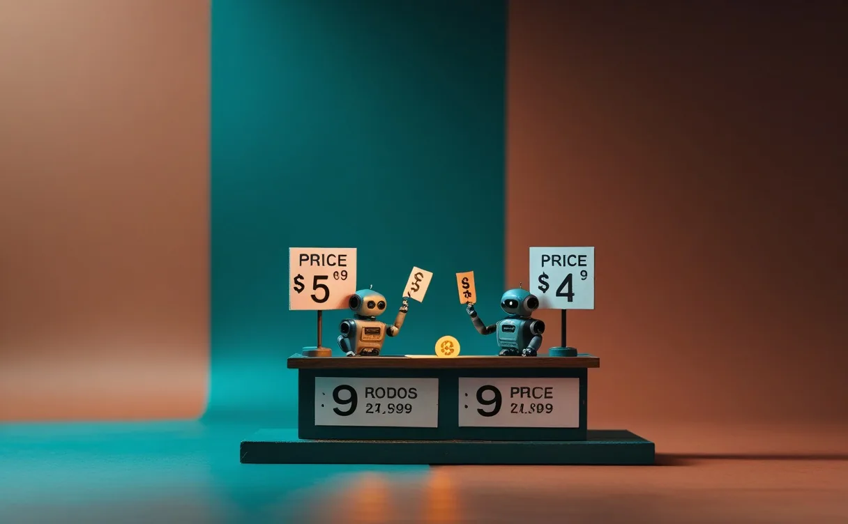 Miniatuur diorama-illustratie: twee robotjes aan een marktkraampje ruilen prijskaartjes, het ene halveert een groot bord met bedragen